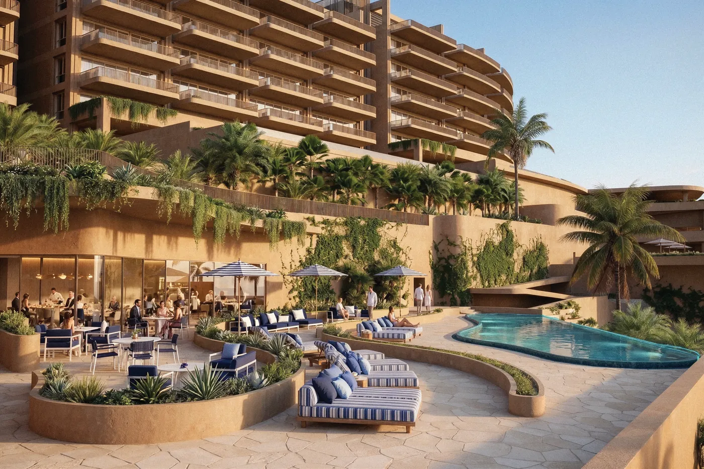 Pool terrace and lounges below the DUNNA residences