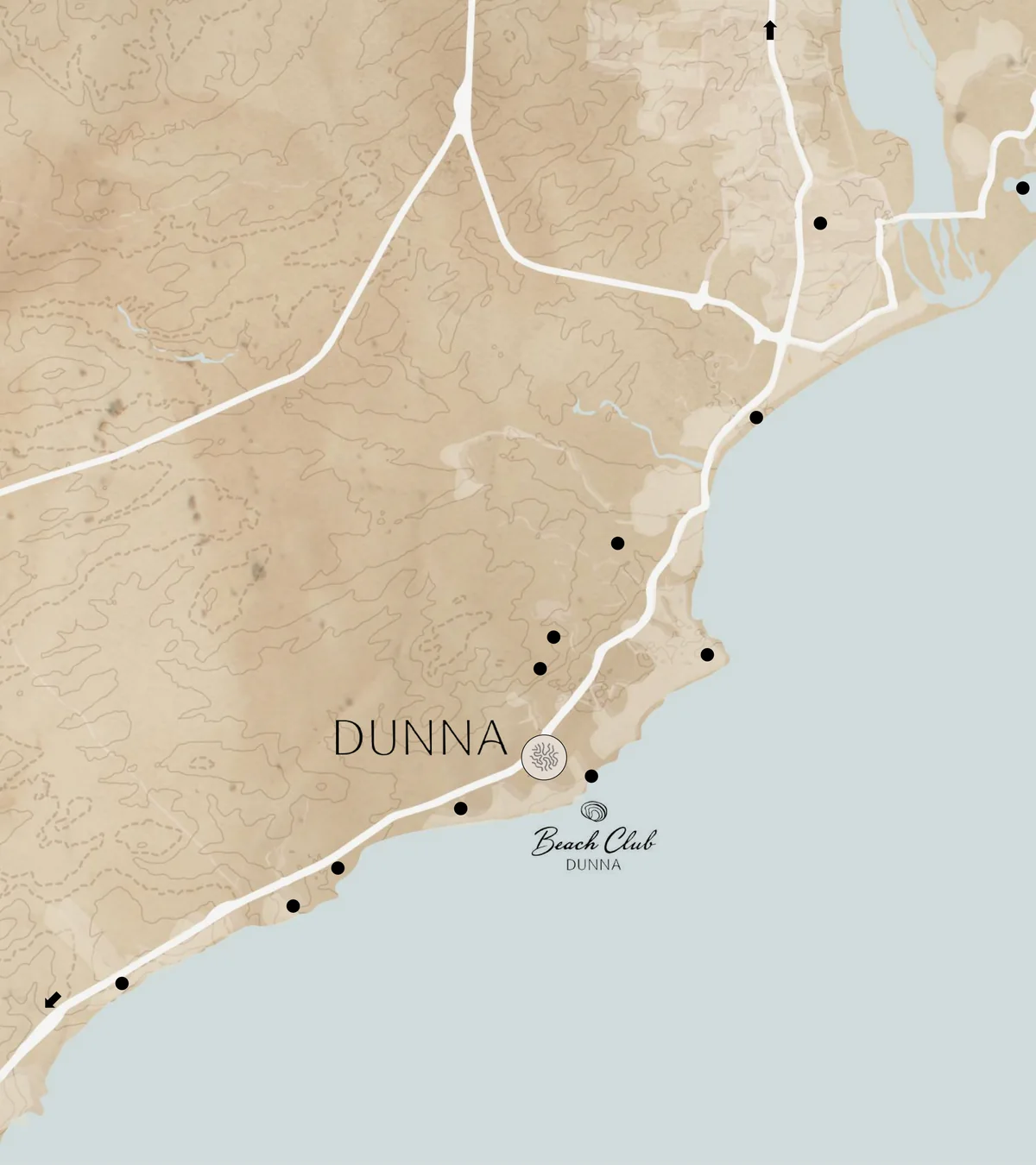 Map of the Los Cabos tourist corridor: DUNNA sits between El Dorado and One & Only Palmilla, near San José del Cabo and the airport
