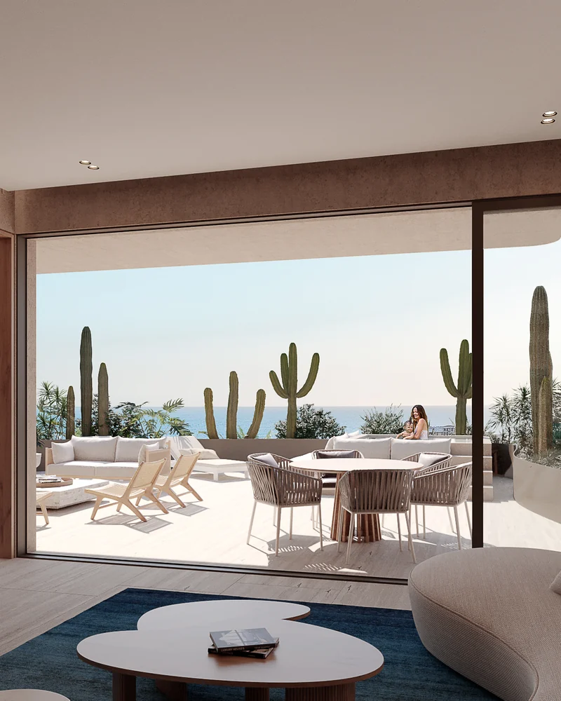 Terrace Residence living room opening onto a garden terrace